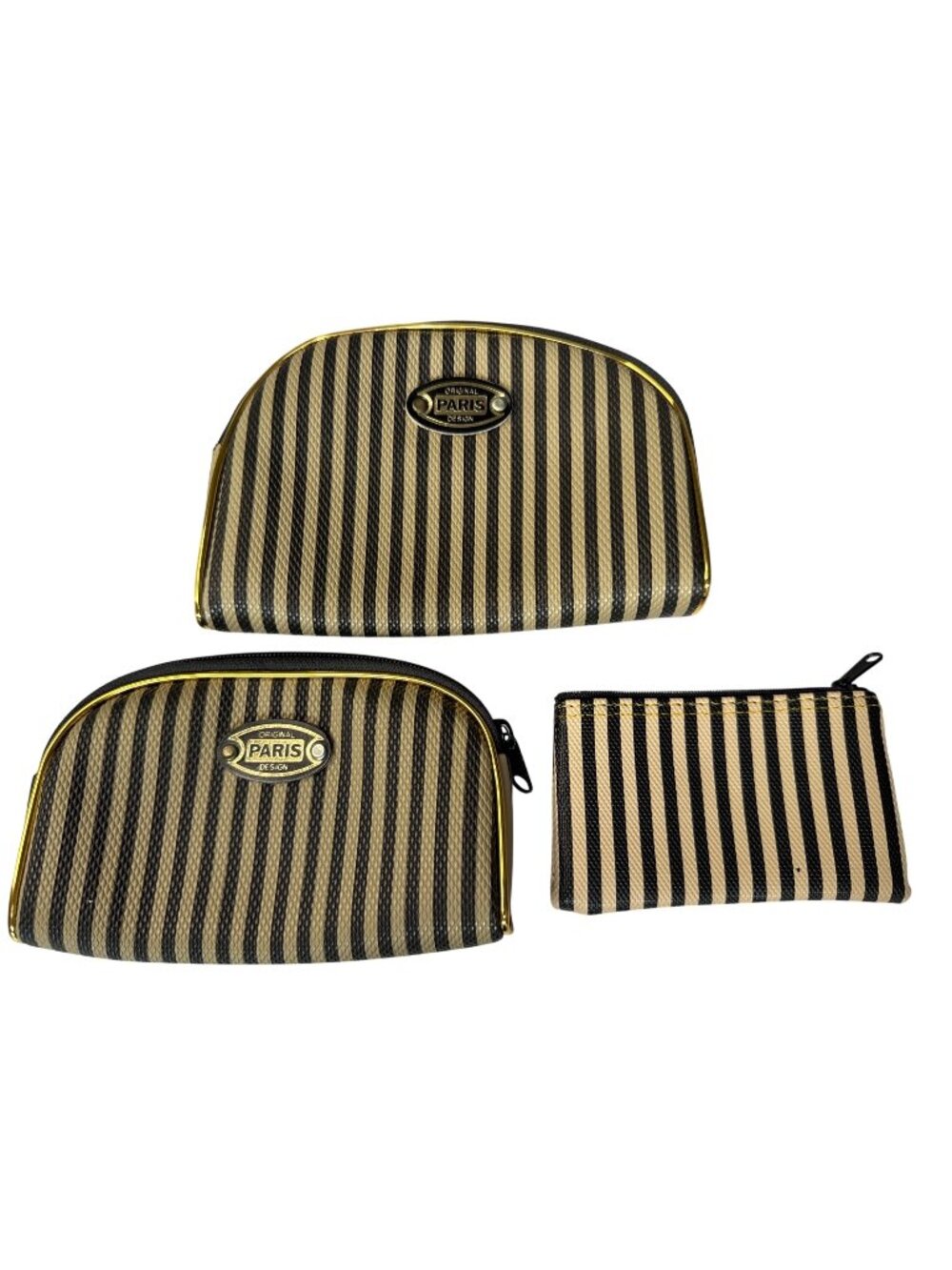 Original Paris Striped Zippered Pouch Set - Gold & Black - Stylish Storage